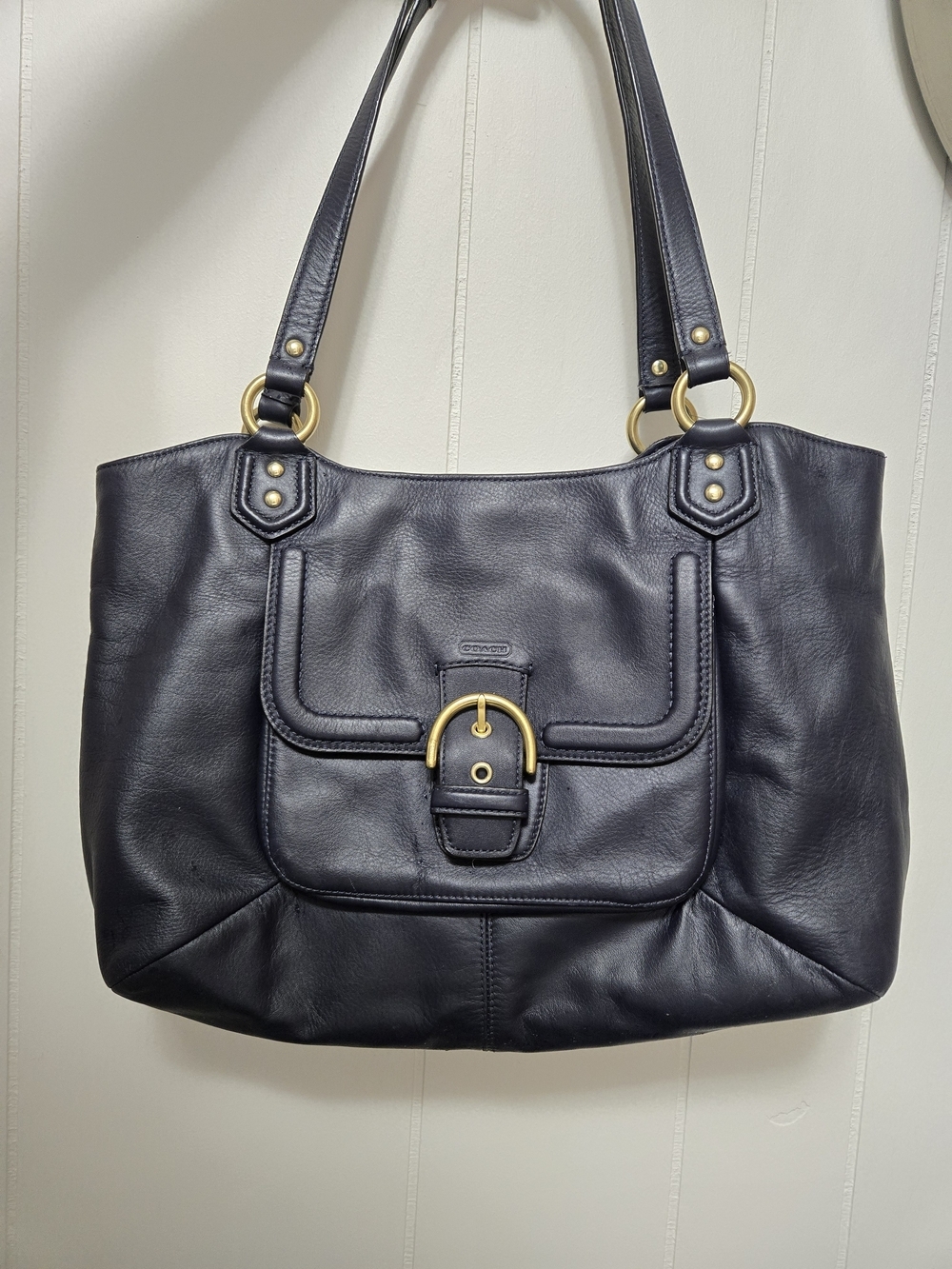 Vintage Coach Navy Blue Leather Large Tote Shoulder Bag Buckle Gold Hardware